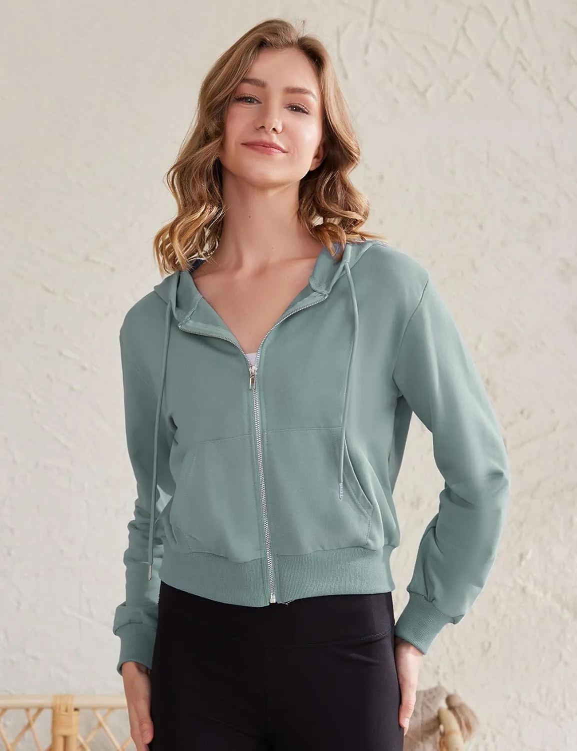 Yimoon Zip Up Hoodie Women Cropped Casual Sweatshirts Workout Long Sleeve Drawstring Hooded Jacket Crop Tops