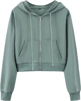 Yimoon Zip Up Hoodie Women Cropped Casual Sweatshirts Workout Long Sleeve Drawstring Hooded Jacket Crop Tops