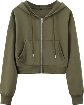 Yimoon Zip Up Hoodie Women Cropped Casual Sweatshirts Workout Long Sleeve Drawstring Hooded Jacket Crop Tops