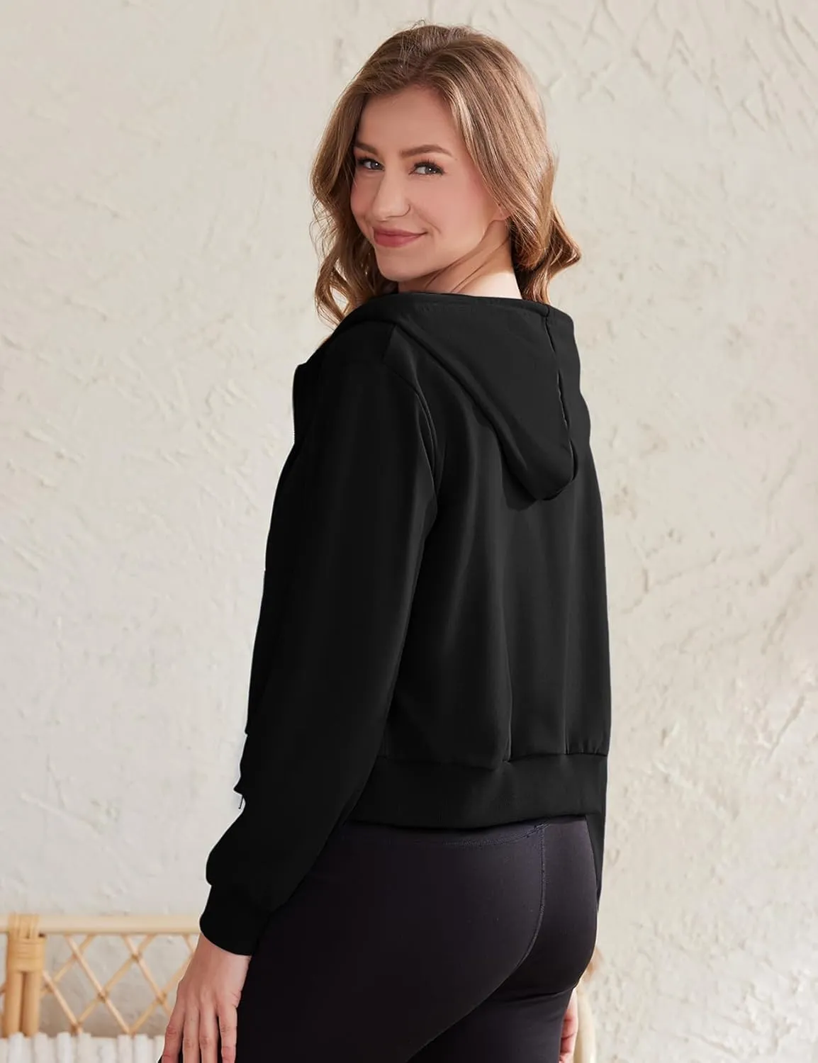 Yimoon Zip Up Hoodie Women Cropped Casual Sweatshirts Workout Long Sleeve Drawstring Hooded Jacket Crop Tops