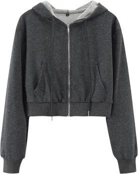 Yimoon Zip Up Hoodie Women Cropped Casual Sweatshirts Workout Long Sleeve Drawstring Hooded Jacket Crop Tops